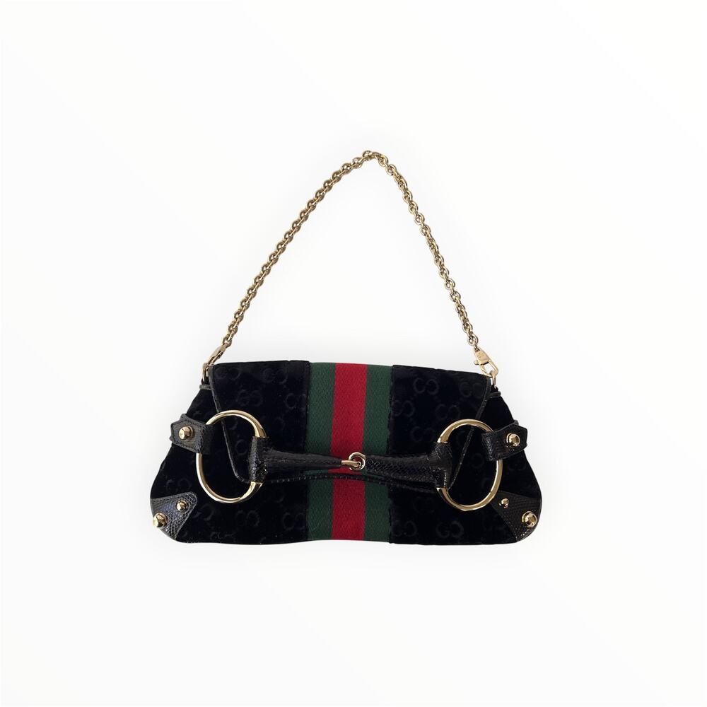 Vintage Gucci Black Velvet Lizard Horsebit Chain small